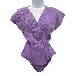 Body Wrapper Purple Floral Print Wrap Bodysuit XXL Made in USA VTG